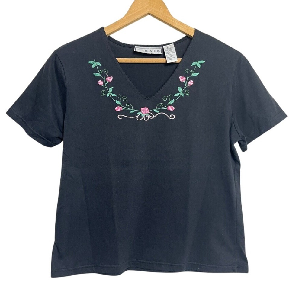 VTG Speculation T-SHIRT EMBROIDERED Floral roses friends 90s‎ tee black soft L